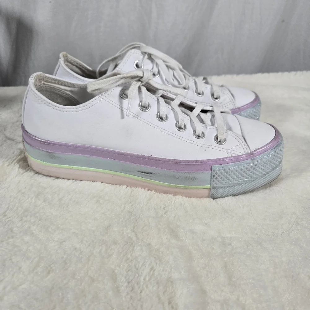 Convere All Star White Leather Platform  Low Top Shoes Size 7 - Picture 5 of 8